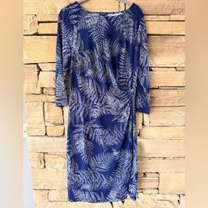 Talbots Navy and Cream Fern Leaf Print Faux Wrap Dress